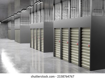 Rental Storage Unit. Empty Gray Corridors Of Warehouse. Lots Of Self Storage Rooms. Self Storage Containers With Doors. Warehouse Space Entrance Crates. Warehouse Interior. 3d Rendering.