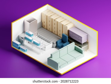 Rental Storage Units 10 By 30 Feet. Rental Storage Units For Personal Belongings. Storage Space Inside Container. Rent Of Container For Safekeeping Furniture. Demonstration Of Spaciousness. 3d Image