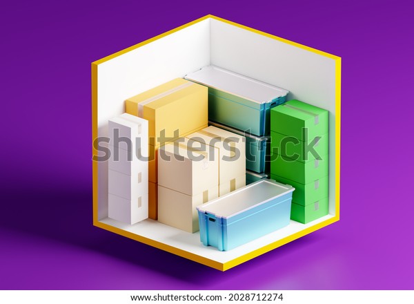 Rental Storage Units 5 by 5 feet. Self storage unit\
cutaway. Warehouse container with content demonstration. Rental\
storage room on purple background. Warehouse unit with various\
boxes. 3d image