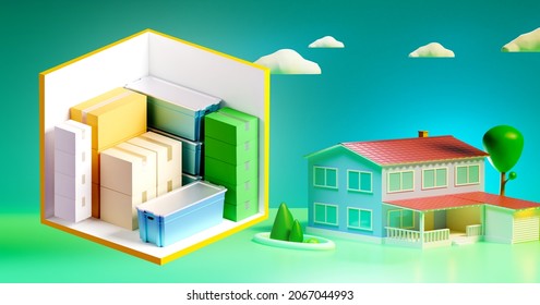 Rental Storage Units Concept. Self Storage For Personal Belongings. Self Storage Close To Home. Warehouse Container With Various Boxes. Warehouse Space Rental. Warehouse Business. 3d Rendering.