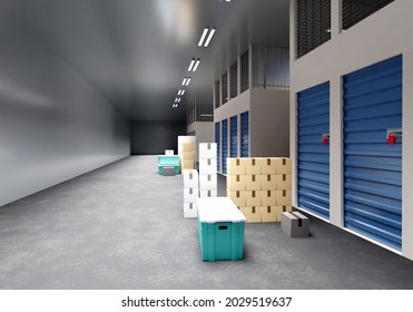 Rental Storage Units. Corridor with doors in storage units. 3d image