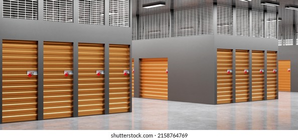 Rental Storage Units. Empty Warehouse Without Anyone. Warehouse Containers In Corridors. Storage Units With Orange Doors. Storage Company Gray Interior. Units For Safekeeping. 3d Rendering.