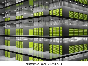 Rental Storage Units. Warehouse Background Of Personal Safekeeping. Multi-storey Building With Storage Units. Closed Green Doors In Self Storage.warehouse Container Rental. 3d Rendering.