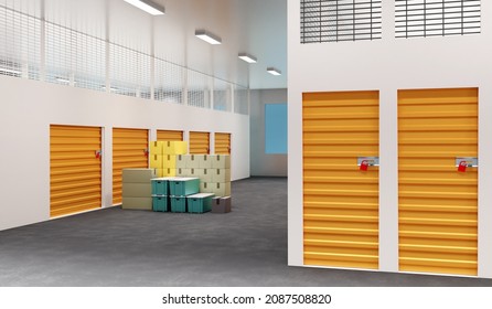 Rental Storage Units. Warehouse Containers In Corridors Of Company. Storage Units With Orange Doors. Rent Place To Store Personal Belongings. Storage Company Interior. 3d Rendering.