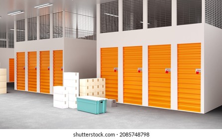 Rental Storage Units. Warehouse With Orange Cantainers. Visualization Storage Company. Rooms For Renting Warehouse. Storage Containers Indoors. Plastic Cardboard Boxes On Ground. 3d Image.