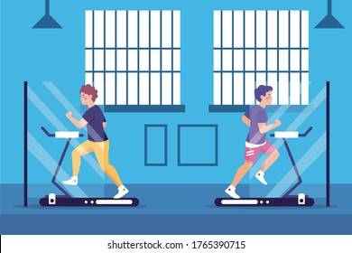 Reopening Of Fitness Center, Sports Clubs After Coronavirus Quarantine. People Doing Fitness On  Keep Social Distance COVID Free New Normal Stay Apart Physical Distancing