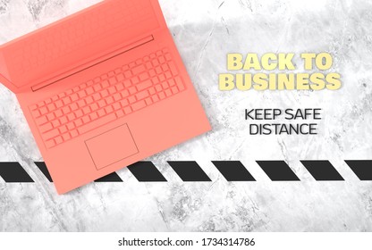 Reopening, Restart Business, Back To Work, 3d Image Of Pink Laptop With Golden Text And Safety Tape On Marble Background