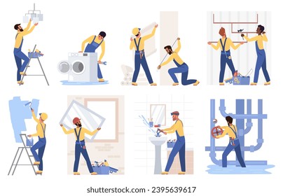 Repair construction service set illustration. Cartoon handyman fixing plumbing, washing machine in bathroom, plumber repairing pipe, repairman worker working with paint roller isolated on white - Powered by Shutterstock