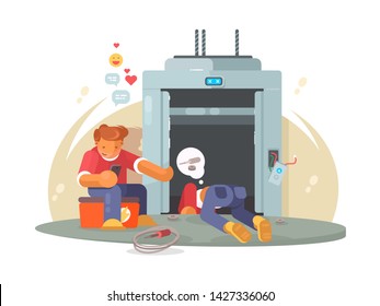 Repair Elevator. Workers Men Repairing Broken Passenger Lift. Flat Illustration