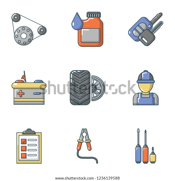 Repair of machinery\
icons set. Cartoon set of 9 repair of machinery icons for web\
isolated on white\
background