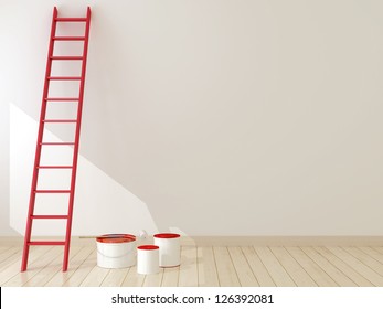 Repair In The Room In Which On A White Wall Red Staircase And Three Cans Of Paint