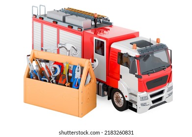 Repair And Service Of Fire Truck, 3D Rendering Isolated On White Background