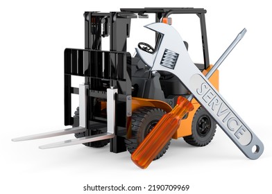 Repair And Service Of Forklift Truck, 3D Rendering Isolated On White Background
