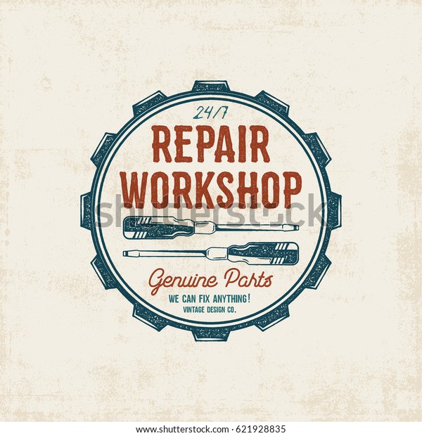 Repair workshop vintage label\
design. Retro patch in old style with screwdrivers. Use for\
station, car service logo, badge, insignia. Retro monochrome .\
stamp