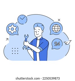 Repairman. Person with technical assistance. Worker customer service. Technical repair. Worker customer service. Craftsman, workman, technician specialist character with tool. Flat illustration - Powered by Shutterstock