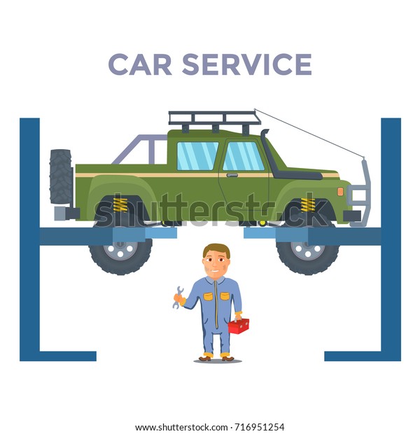 Repairman\
with Pickup truck Lifted on jack.\
illustration
