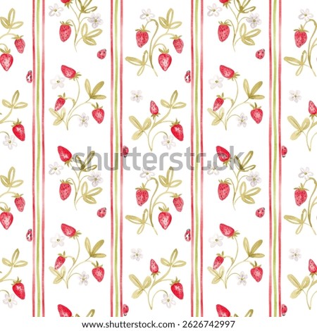 Repeat pattern with hand drawn strawberries and lines. Abstract watercolor fruit design. Retro style. Bright summer seamless tile for wallpaper, textile, fabric, packaging
