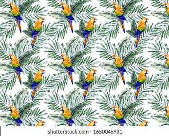 Repeat pattern of tropical birds, leaves and flowers