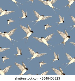 Repeatable watercolor swallows pattern on soft blue background. Perfect for sewing fabric, apparel, stationery, wall art, home textiles, and nursery hand drawn unique art with birds