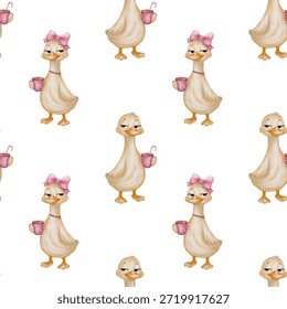 A repeated pattern of ducks holding cups. The background is white, emphasizing the textile print.