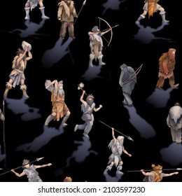 Repeated Seamless Pattern Of A Watercolor Cavemen Casting Shadows, Hunters And Warriors. Hand Painted Illustration Of The Ice Age