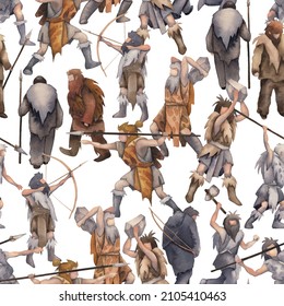 Repeated Seamless Pattern Of A Watercolor Cavemen, Hunters And Warriors. Hand Painted Illustration Of The Ice Age