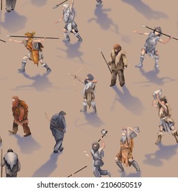 Repeated Seamless Pattern Of A Watercolor Cavemen Casting Shadows, Hunters And Warriors. Hand Painted Illustration Of The Ice Age