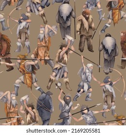 Repeated Seamless Pattern Of A Watercolor Cavemen, Hunters And Warriors. Hand Painted Illustration Of The Ice Age