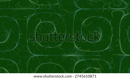 A repeating abstract pattern featuring elegant green swirls and organic lines. The delicate flourish design creates an artistic background texture with a sense of movement and.
