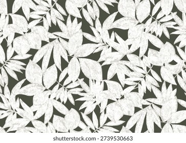A repeating design featuring white leaves with pointed tips on a muted green background with a subtle texture, creating a natural and calming visual effect
