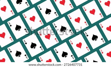 A repeating diagonal pattern of white playing cards featuring Aces of Spades and Aces of Hearts on a vibrant teal background, creating a graphic and abstract design.