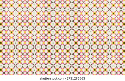 A repeating geometric pattern resembling tiles, adorned with small pink and yellow floral motifs.