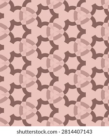 Repeating geometric pattern with soft pink and brown tones. Circular motifs interlock to form a seamless design. Symmetrical arrangement creates a calming visual texture