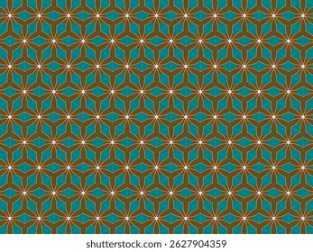 A repeating geometric pattern. Teal shapes and white lines create a flower-like design on a brown background.  The pattern is symmetrical and tessellated.