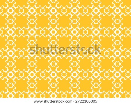 A repeating geometric pattern of white interconnected shapes filling a yellow background.