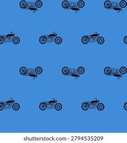 Repeating motorcycle pattern on vibrant blue background for creative design use.