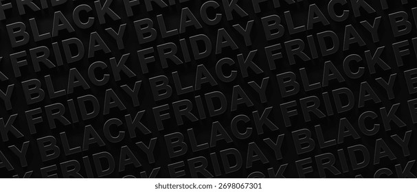 Repeating pattern of Black Friday text with dark shadows on black background. 3d render graphic of Black Friday text. Dark shadowy Black Friday sales, announcement, or advertisement for the holiday.
