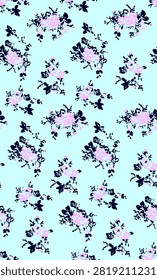 A repeating pattern of delicate pink roses with dark green leaves scattered across a soft, light blue background.