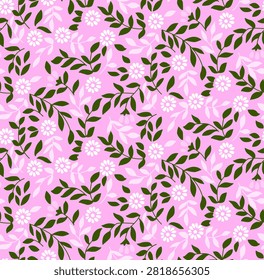 A repeating pattern of delicate white daisy flowers and dark green leaves scattered across a vibrant pink background, perfect for fabric or wallpaper.