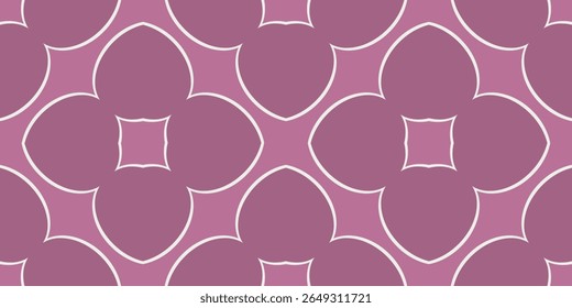 A repeating pattern features stylized floral shapes with a geometric twist, set against a muted mauve background. The design is clean, with thin white outlines highlighting the symmetrical arrangement