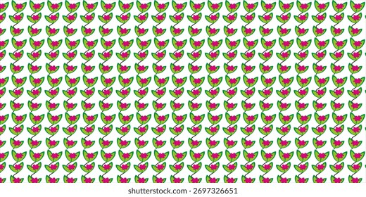 A repeating pattern featuring stylized pink flowers with green leaves, creating a charming and delicate floral motif. The design is perfect for various applications, offering a fresh and vibrant aesth