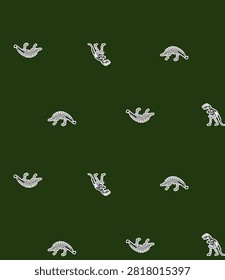 A repeating pattern featuring various stylized cartoon dinosaurs in white against a deep green backdrop.