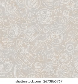 Repeating pattern. Food and drinks, breakfast. Tablecloth design. Hand drawn illustration.