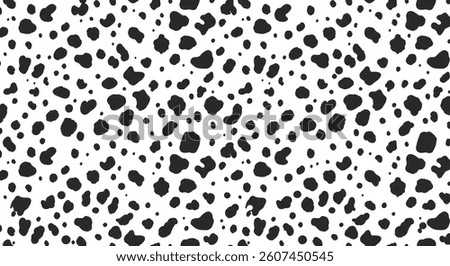 A repeating pattern of irregular black spots on a white background, resembling a Dalmatian dogs coat. Simple, monochrome, and visually appealing.