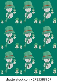 Repeating pattern of large white snowmen with green hats, red hatbands, green scarves, and three black buttons, accompanied by two smaller snowmen on a solid green background.