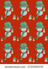Repeating pattern of large white snowmen with green hats, red hatbands, green scarves, and three black buttons, accompanied by two smaller snowmen on a red background.