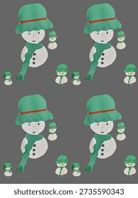 Repeating pattern of large white snowmen with green hats, red hatbands, green scarves, and three black buttons, accompanied by two smaller snowmen on a grey background.