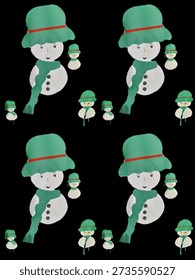 Repeating pattern of large white snowmen with green hats, red hatbands, green scarves, and three black buttons, accompanied by two smaller snowmen on a solid green background.