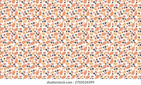 a repeating pattern of orange and brown leaves and acorns scattered on a white backdrop, dense arrangement