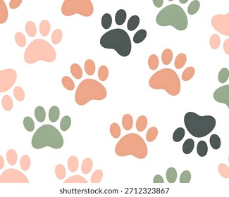 A repeating pattern of paw prints in soft peach, sage green, and charcoal gray on a white background.